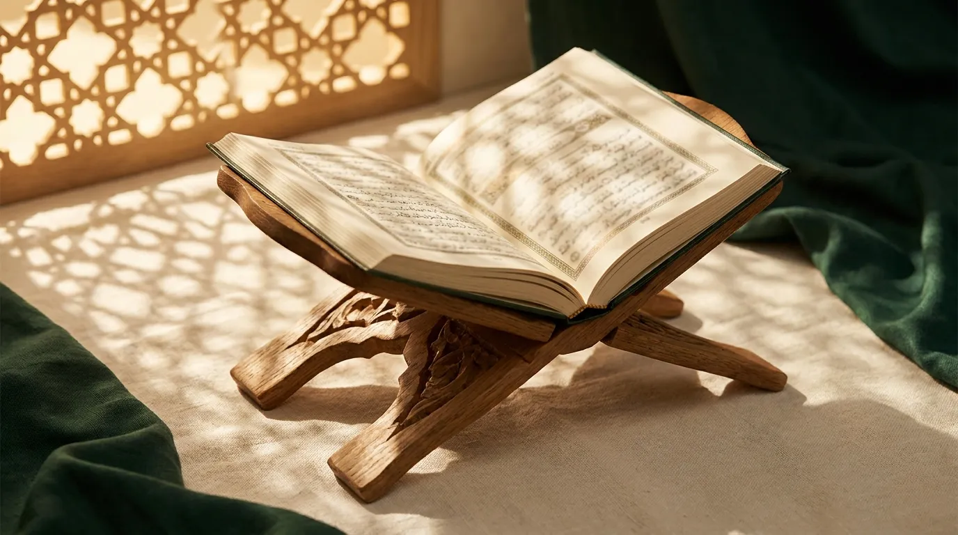 An open Mushaf resting on a wooden Rehal stand, lit by soft afternoon light through Islamic mashrabiya latticework